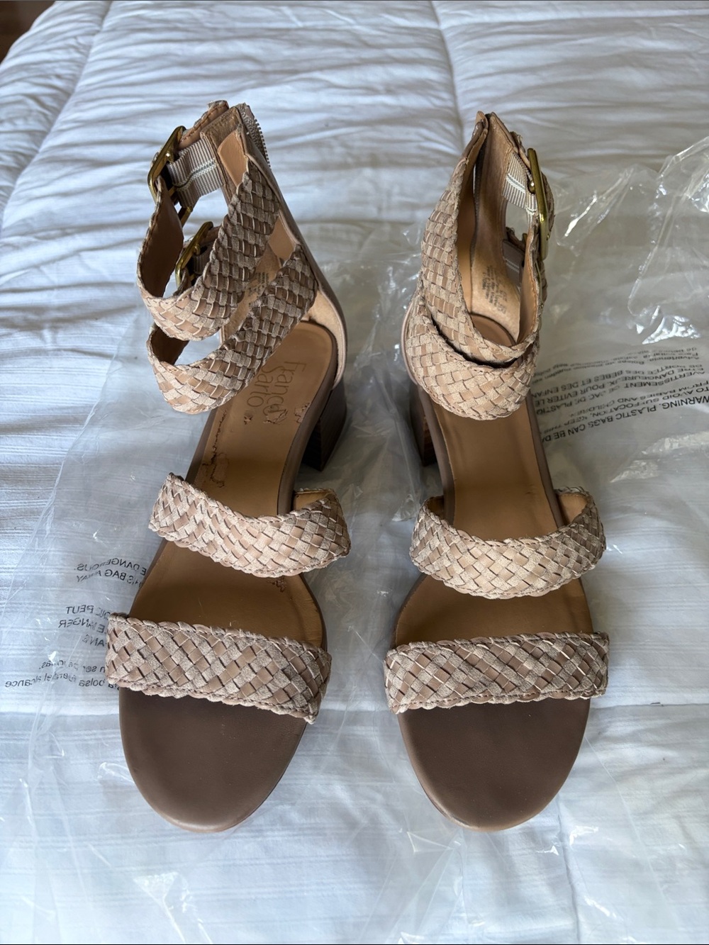 Franco Sarto Braided Strappy Block Heel Sandals - Beige/Tan